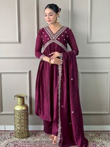 Ladies Wine Vichitra Silk Embroidered Kurta, Pant  And Dupatta Set