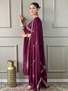 Ladies Wine Vichitra Silk Embroidered Kurta, Pant  And Dupatta Set