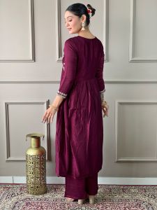 Ladies Wine Vichitra Silk Embroidered Kurta, Pant  And Dupatta Set