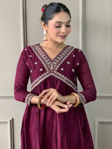Ladies Wine Vichitra Silk Embroidered Kurta, Pant  And Dupatta Set