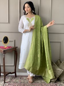 Ladies White Viscose Blend Embroidered Kurta, Pant And Dupatta Set