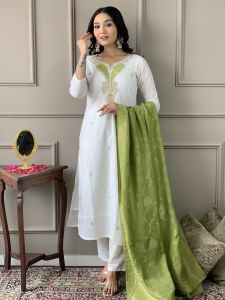 Ladies White Viscose Blend Embroidered Kurta, Pant And Dupatta Set