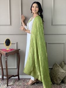 Ladies White Viscose Blend Embroidered Kurta, Pant And Dupatta Set
