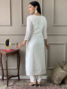 Ladies White Viscose Blend Embroidered Kurta, Pant And Dupatta Set