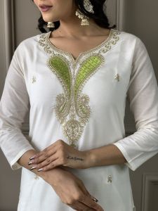 Ladies White Viscose Blend Embroidered Kurta, Pant And Dupatta Set