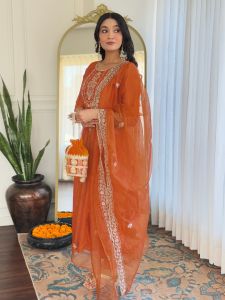 Ladies Orange Vichitra Silk Embroidered Kurta, Pant And Dupatta Set