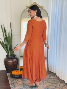 Ladies Orange Vichitra Silk Embroidered Kurta, Pant And Dupatta Set