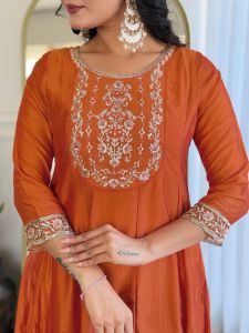 Ladies Orange Vichitra Silk Embroidered Kurta, Pant And Dupatta Set