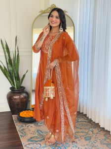 Ladies Orange Vichitra Silk Embroidered Kurta, Pant And Dupatta Set