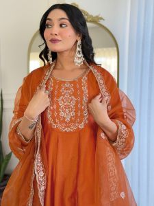 Ladies Orange Vichitra Silk Embroidered Kurta, Pant And Dupatta Set