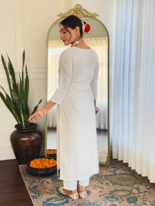 Ladies White Rayon Embroidered Kurta, Pant  And Dupatta Set
