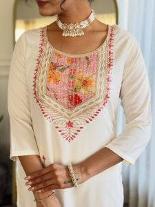 Ladies White Rayon Embroidered Kurta, Pant  And Dupatta Set