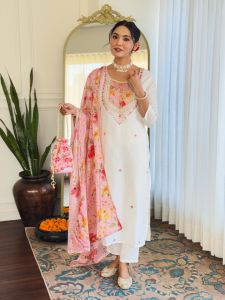 Ladies White Rayon Embroidered Kurta, Pant  And Dupatta Set