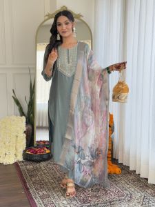Ladies Viscose Embroidered Kurta, Pant And Organza Dupatta Set