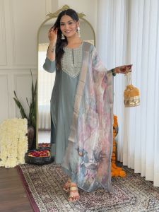 Ladies Viscose Embroidered Kurta, Pant And Organza Dupatta Set