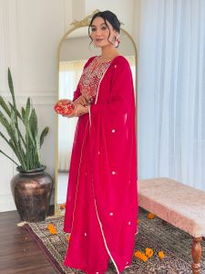 Ladies Red Vichitra Silk Embroidered Kurta, Rayon Pant And  Dupatta Set