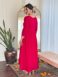 Ladies Red Vichitra Silk Embroidered Kurta, Rayon Pant And  Dupatta Set