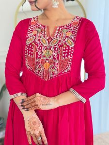 Ladies Red Vichitra Silk Embroidered Kurta, Rayon Pant And  Dupatta Set