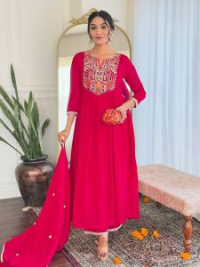 Ladies Red Vichitra Silk Embroidered Kurta, Rayon Pant And  Dupatta Set