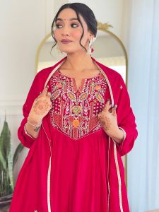 Ladies Red Vichitra Silk Embroidered Kurta, Rayon Pant And  Dupatta Set