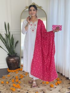 Ladies White Bsy Viscose Embroidered Kurta, Pant And Dupatta Set