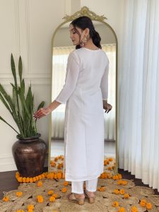 Ladies White Bsy Viscose Embroidered Kurta, Pant And Dupatta Set