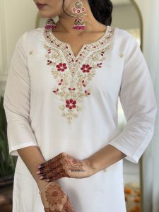 Ladies White Bsy Viscose Embroidered Kurta, Pant And Dupatta Set