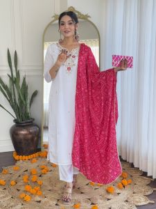 Ladies White Bsy Viscose Embroidered Kurta, Pant And Dupatta Set