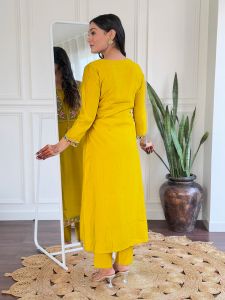 Ladies Mustard Bsy Viscose Embroidered Kurta, Pant  And  Dupatta Set