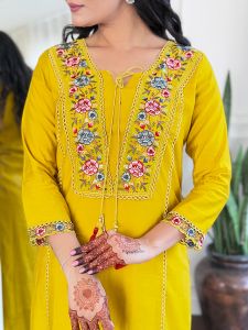 Ladies Mustard Bsy Viscose Embroidered Kurta, Pant  And  Dupatta Set