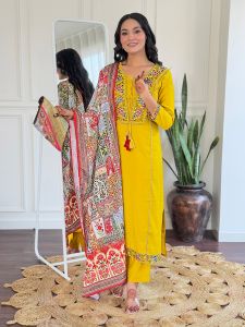 Ladies Mustard Bsy Viscose Embroidered Kurta, Pant  And  Dupatta Set