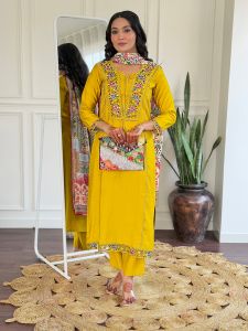 Ladies Mustard Bsy Viscose Embroidered Kurta, Pant  And  Dupatta Set