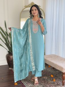 Ladies Sky Blue Chanderi Embroidered Kurta, Pant And  Dupatta Set