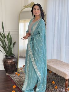 Ladies Sky Blue Chanderi Embroidered Kurta, Pant And  Dupatta Set
