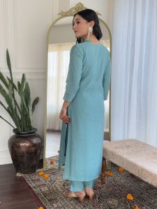 Ladies Sky Blue Chanderi Embroidered Kurta, Pant And  Dupatta Set