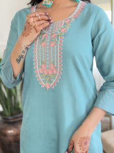 Ladies Sky Blue Chanderi Embroidered Kurta, Pant And  Dupatta Set