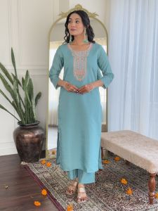 Ladies Sky Blue Chanderi Embroidered Kurta, Pant And  Dupatta Set