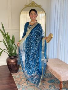 Ladies Royal Blue Rayon Embroidered Kurta, Pant And Dupatta Set