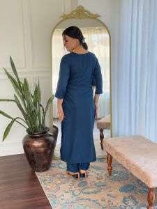 Ladies Royal Blue Rayon Embroidered Kurta, Pant And Dupatta Set