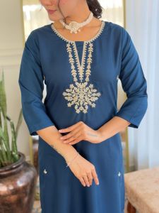 Ladies Royal Blue Rayon Embroidered Kurta, Pant And Dupatta Set