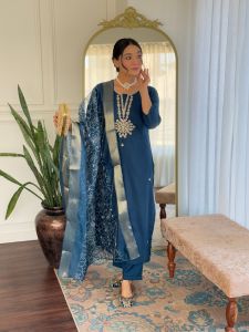 Ladies Royal Blue Rayon Embroidered Kurta, Pant And Dupatta Set