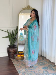 Ladies Sky Blue Viscose Embroidered Kurta, Pant Anddupatta Set