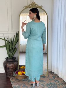 Ladies Sky Blue Viscose Embroidered Kurta, Pant Anddupatta Set