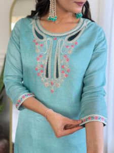Ladies Sky Blue Viscose Embroidered Kurta, Pant Anddupatta Set