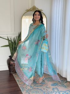Ladies Sky Blue Viscose Embroidered Kurta, Pant Anddupatta Set