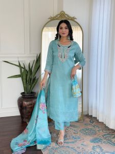 Ladies Sky Blue Viscose Embroidered Kurta, Pant Anddupatta Set