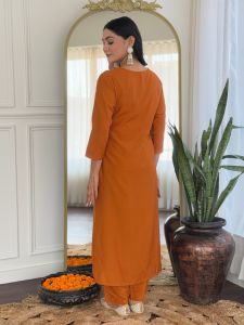 Ladies Rust Rayon Embroidered Kurta, Pant And Dupatta Set