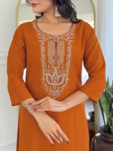 Ladies Rust Rayon Embroidered Kurta, Pant And Dupatta Set