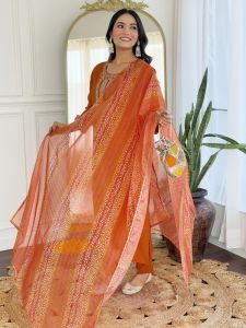 Ladies Rust Rayon Embroidered Kurta, Pant And Dupatta Set
