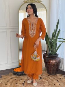 Ladies Rust Rayon Embroidered Kurta, Pant And Dupatta Set
